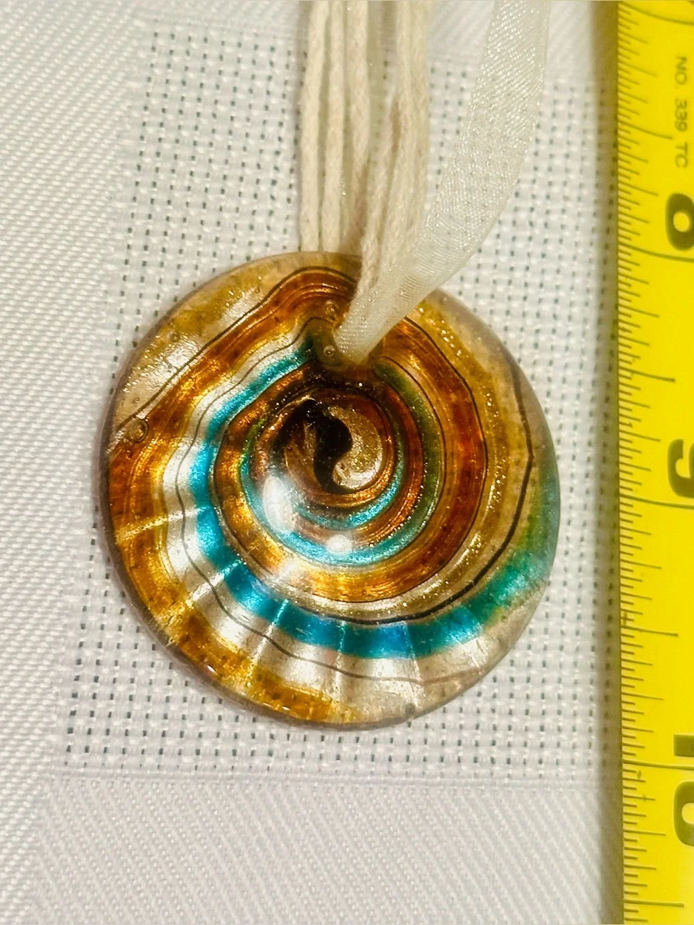 Murano Style Spiral Art Glass Round Bronze/Teal Pendant Necklace w/Claw Clasps